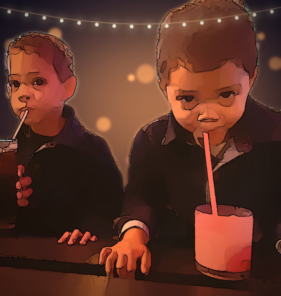 Cartoon of Nur and Samir sipping their drinks under fairy lights